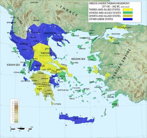 Mocenské rozložení v Řecku  371 - 362 Př. n. l. Zdroj: Wikimedia Commons